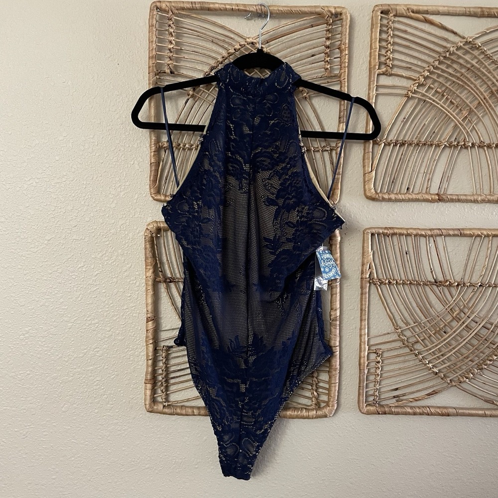 Free People Miley Bodysuit Halter Neck Blue Indigo Lace Womens Sz L NWT READ B19